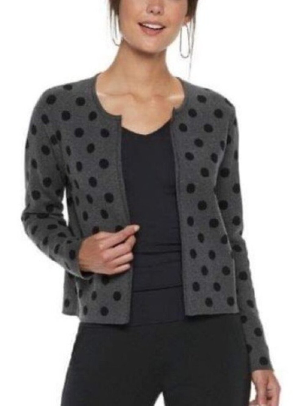 Elle Polka Dot Open Front Cardigan Sweater Long Sleeve Gray & Black Size XXL NEW
